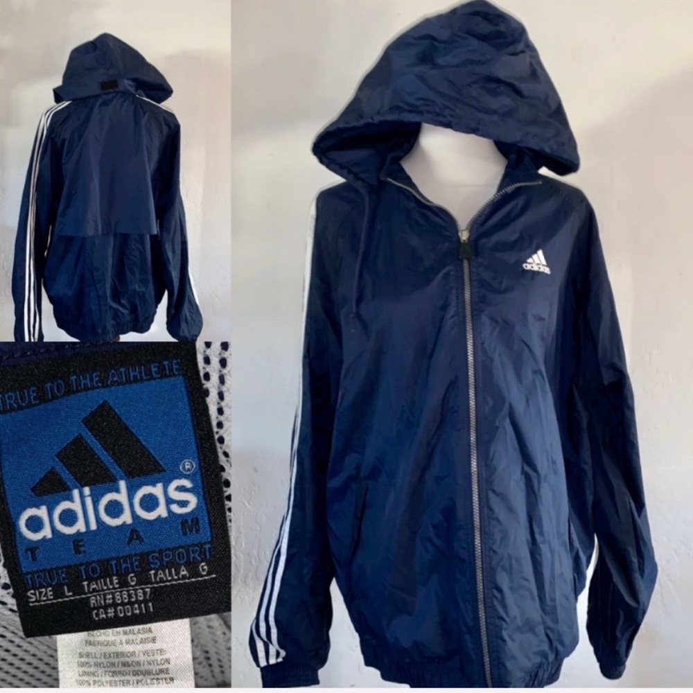 ADIDAS Navy Blue Nylon Windbreaker Jacket - L